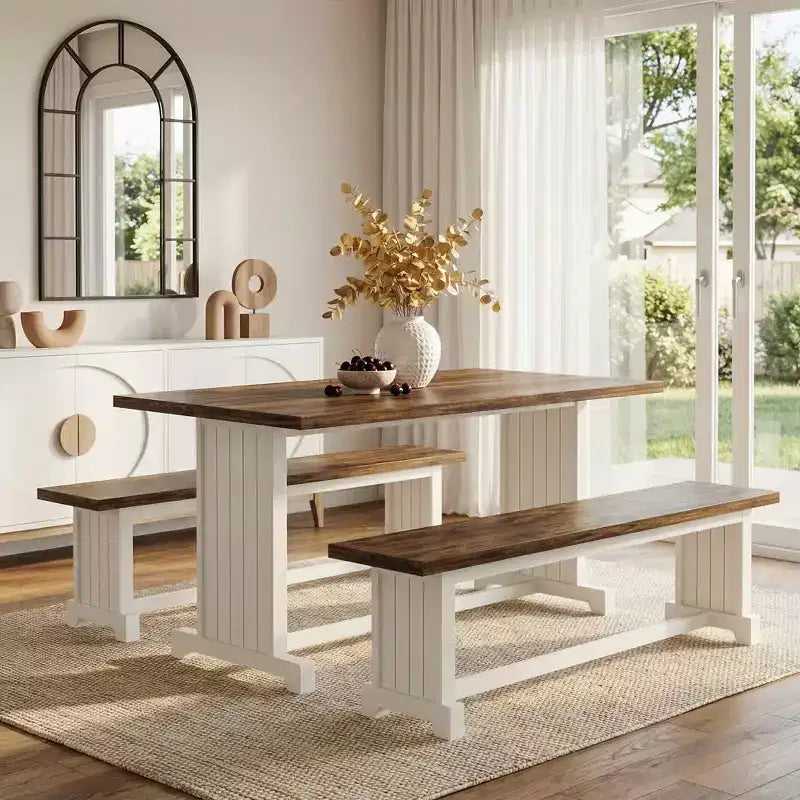 MAYEERTY 3-Piece 47 Farmhouse Dining Set with Table & Benches, 4-6 Seater Sturdy MDF & Metal Frame, Multiuse Home Cafe Furniture
