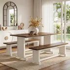 MAYEERTY 3-Piece 47 Farmhouse Dining Set with Table & Benches, 4-6 Seater Sturdy MDF & Metal Frame, Multiuse Home Cafe Furniture