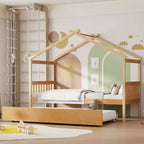 Bellemave House Bed with Twin Trundle, Wooden Montessori Playhouse Platform Bed Frame for Kids, Full/Twin Size, Natural & White