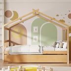 Lit de maison Bellemave avec lit gigogne double, cadre de lit plateforme Montessori en bois pour enfants, taille double/simple, naturel et blanc