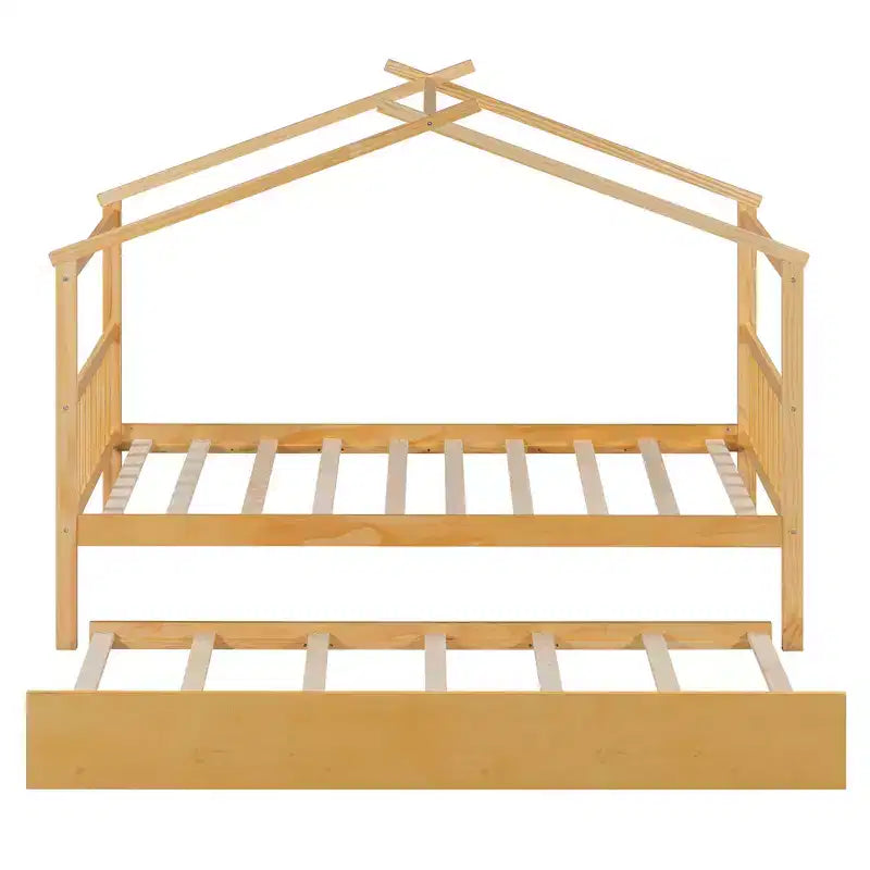 Lit de maison Bellemave avec lit gigogne double, cadre de lit plateforme Montessori en bois pour enfants, taille double/simple, naturel et blanc