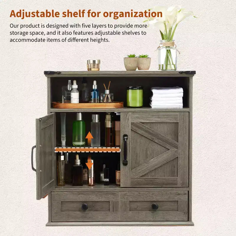 Armoire murale de salle de bain de style ferme avec portes coulissantes et tiroirs, organisateur de rangement de médicaments en bois à 5 niveaux, étagère réglable à double porte pour la cuisine