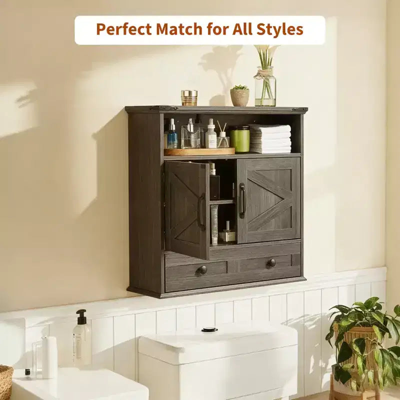 Armoire murale de salle de bain de style ferme avec portes coulissantes et tiroirs, organisateur de rangement de médicaments en bois à 5 niveaux, étagère réglable à double porte pour la cuisine