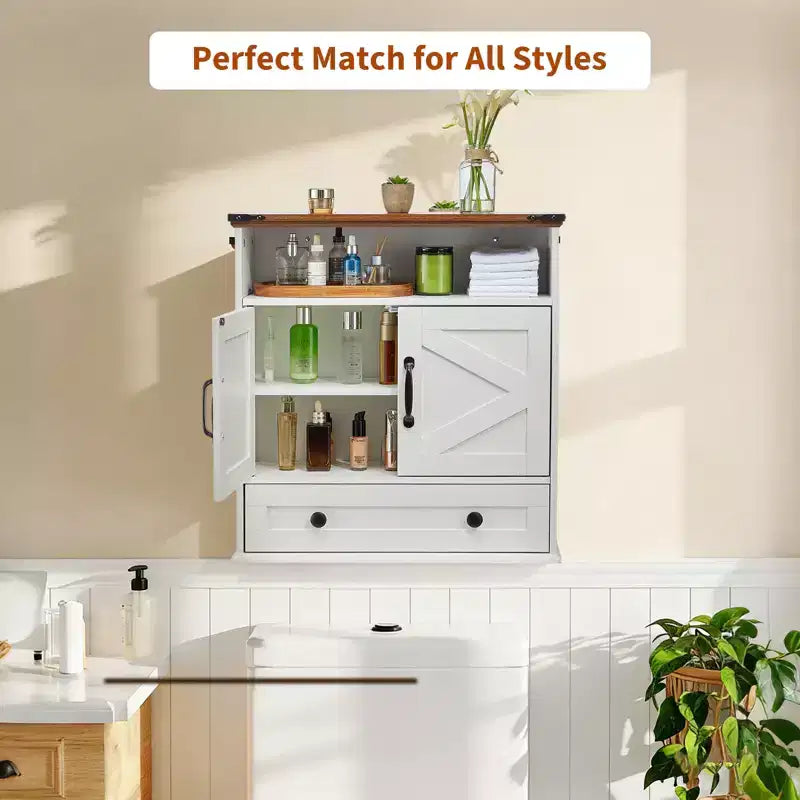 Armoire murale de salle de bain de style ferme avec portes coulissantes et tiroirs, organisateur de rangement de médicaments en bois à 5 niveaux, étagère réglable à double porte pour la cuisine