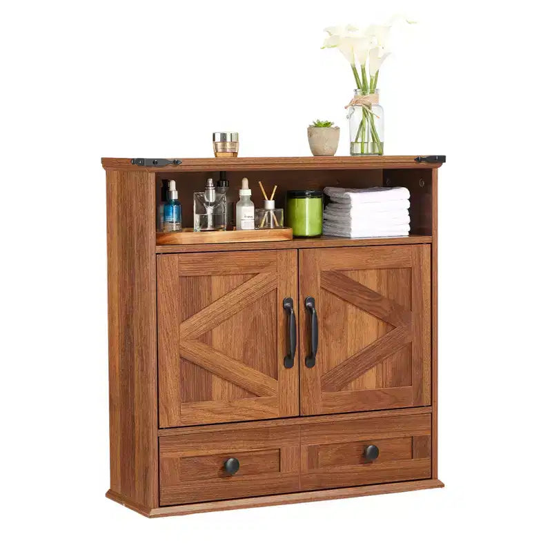 Armoire murale de salle de bain de style ferme avec portes coulissantes et tiroirs, organisateur de rangement de médicaments en bois à 5 niveaux, étagère réglable à double porte pour la cuisine
