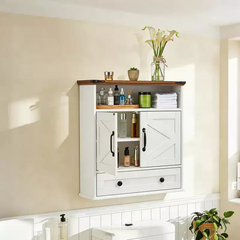 Armoire murale de salle de bain de style ferme avec portes coulissantes et tiroirs, organisateur de rangement de médicaments en bois à 5 niveaux, étagère réglable à double porte pour la cuisine