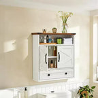 Armoire murale de salle de bain de style ferme avec portes coulissantes et tiroirs, organisateur de rangement de médicaments en bois à 5 niveaux, étagère réglable à double porte pour la cuisine