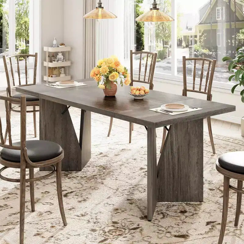 Table de salle à manger rectangulaire moderne en bois 70,9" pour 6 à 8 personnes, grande table de cuisine de style ferme avec pieds en métal en forme de M, plateau épaissi et cadre robuste