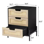 Lot de 2 tables de chevet en rotin avec 3 tiroirs, pieds en métal, table de chevet de style bohème-fermier, robuste pour petites chambres