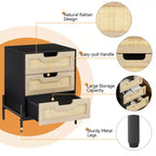 Lot de 2 tables de chevet en rotin avec 3 tiroirs, pieds en métal, table de chevet de style bohème-fermier, robuste pour petites chambres