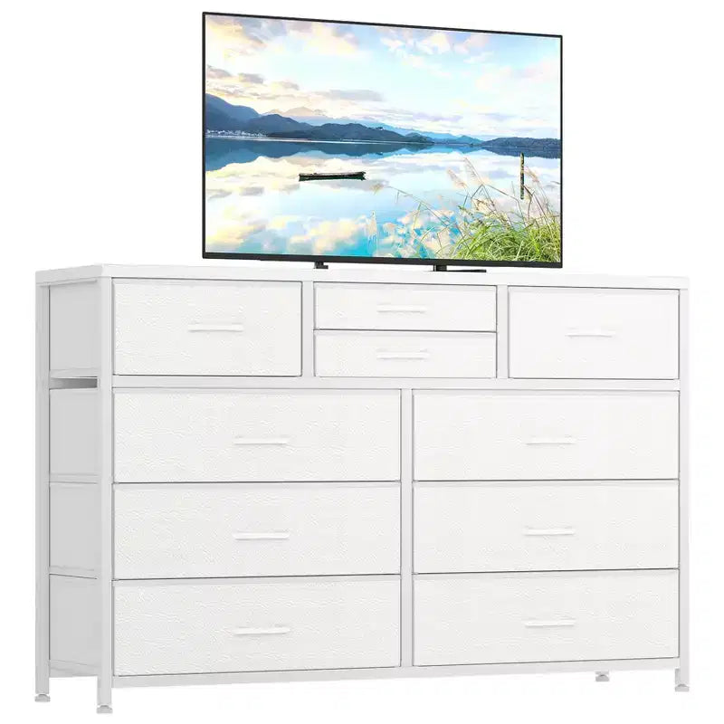 45 Modern 10-Drawer Dresser & TV Stand with Wood Top, Metal Frame and Fabric Drawers for Bedroom, Living Room and Closet Organization