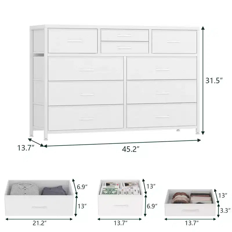 Commode moderne à 10 tiroirs et meuble TV avec plateau en bois, cadre en métal et tiroirs en tissu pour chambre à coucher, salon et rangement de placard