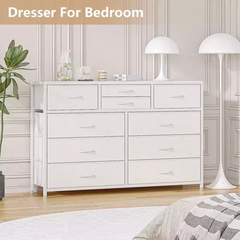 Commode moderne à 10 tiroirs et meuble TV avec plateau en bois, cadre en métal et tiroirs en tissu pour chambre à coucher, salon et rangement de placard