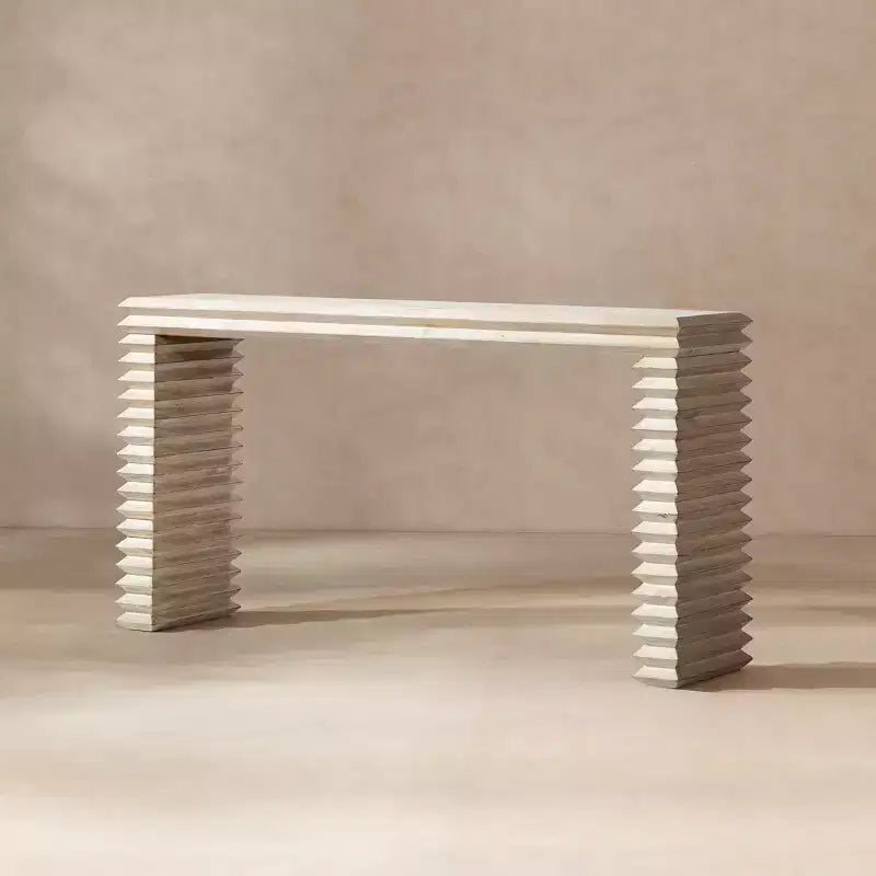 Jennifer Taylor Home Veda 63 Reclaimed Wood Stacked Geometric Waterfall Console Table, Whitewashed Natural Reclaimed Pine Wood