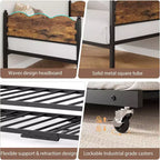 Lit de repos jumeau avec lit gigogne, cadre en métal avec tête de lit en grain de bois ondulé, roulettes verrouillables, canapé-lit peu encombrant, aucun sommier tapissier requis