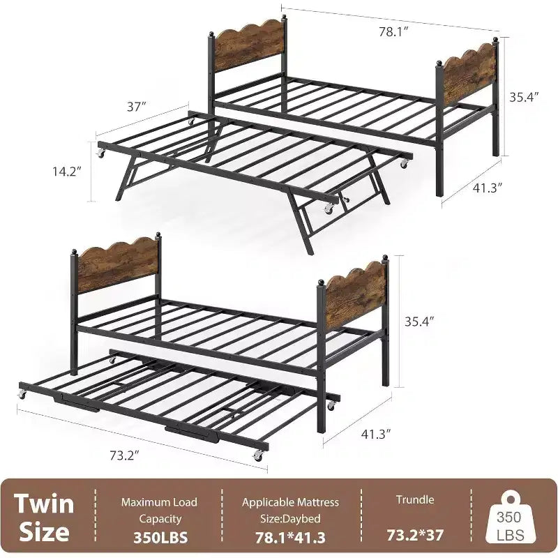 Lit de repos jumeau avec lit gigogne, cadre en métal avec tête de lit en grain de bois ondulé, roulettes verrouillables, canapé-lit peu encombrant, aucun sommier tapissier requis