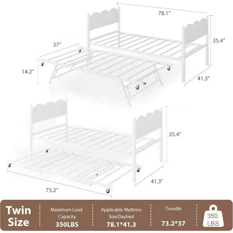 Lit de repos jumeau avec lit gigogne, cadre en métal avec tête de lit en grain de bois ondulé, roulettes verrouillables, canapé-lit peu encombrant, aucun sommier tapissier requis