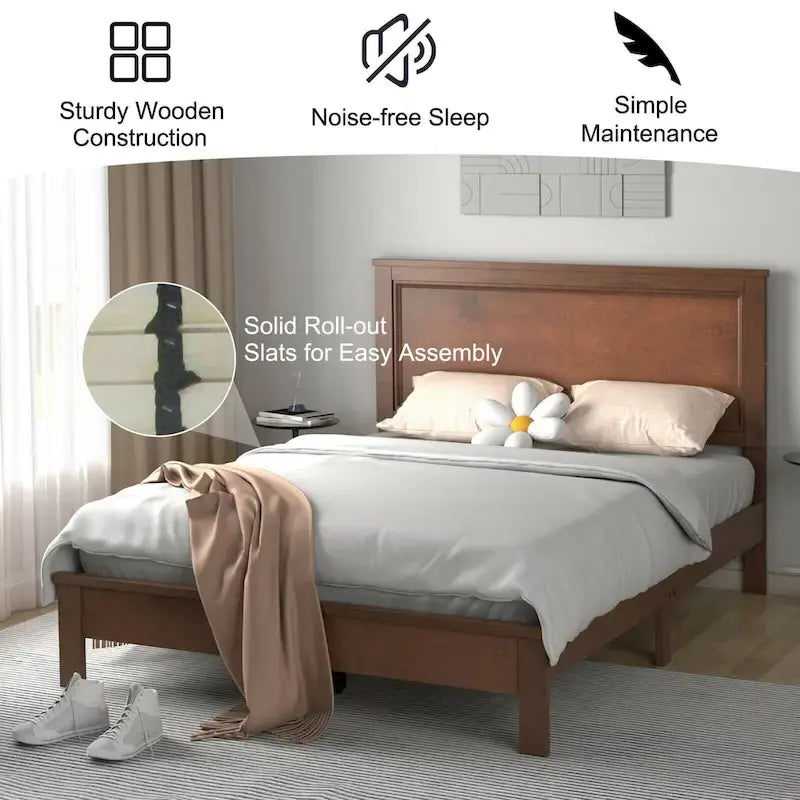 Cadre de lit plateforme double/double/grand lit noir/marron/noyer avec tête de lit haute, 1-2 personnes