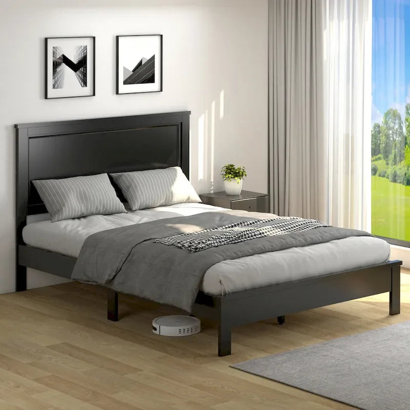 Cadre de lit plateforme double/double/grand lit noir/marron/noyer avec tête de lit haute, 1-2 personnes