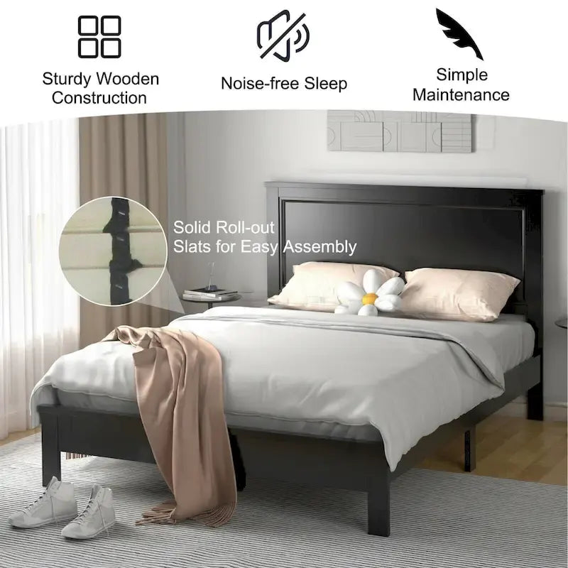 Cadre de lit plateforme double/double/grand lit noir/marron/noyer avec tête de lit haute, 1-2 personnes