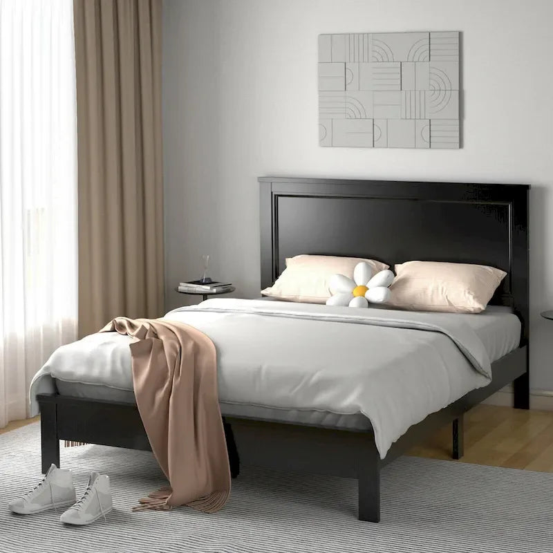Cadre de lit plateforme double/double/grand lit noir/marron/noyer avec tête de lit haute, 1-2 personnes