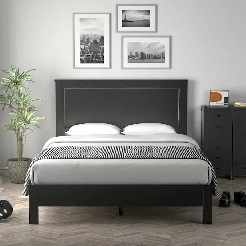 Cadre de lit plateforme double/double/grand lit noir/marron/noyer avec tête de lit haute, 1-2 personnes