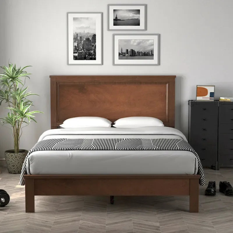 Cadre de lit plateforme double/double/grand lit noir/marron/noyer avec tête de lit haute, 1-2 personnes
