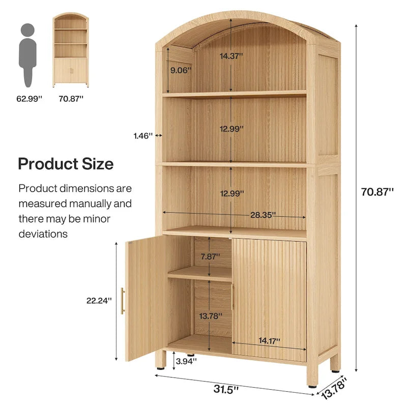 Meuble de rangement de cuisine à 5 étagères, en bois naturel, style voûté du milieu du siècle, avec portes, montage par 1 personne