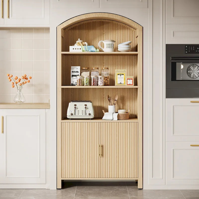 Meuble de rangement de cuisine à 5 étagères, en bois naturel, style voûté du milieu du siècle, avec portes, montage par 1 personne