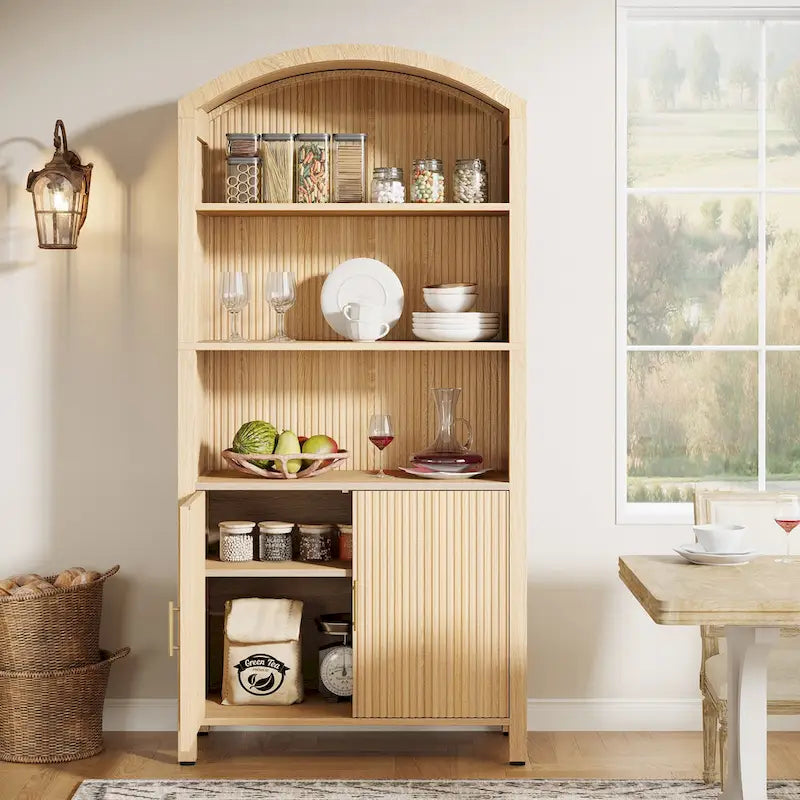 Meuble de rangement de cuisine à 5 étagères, en bois naturel, style voûté du milieu du siècle, avec portes, montage par 1 personne