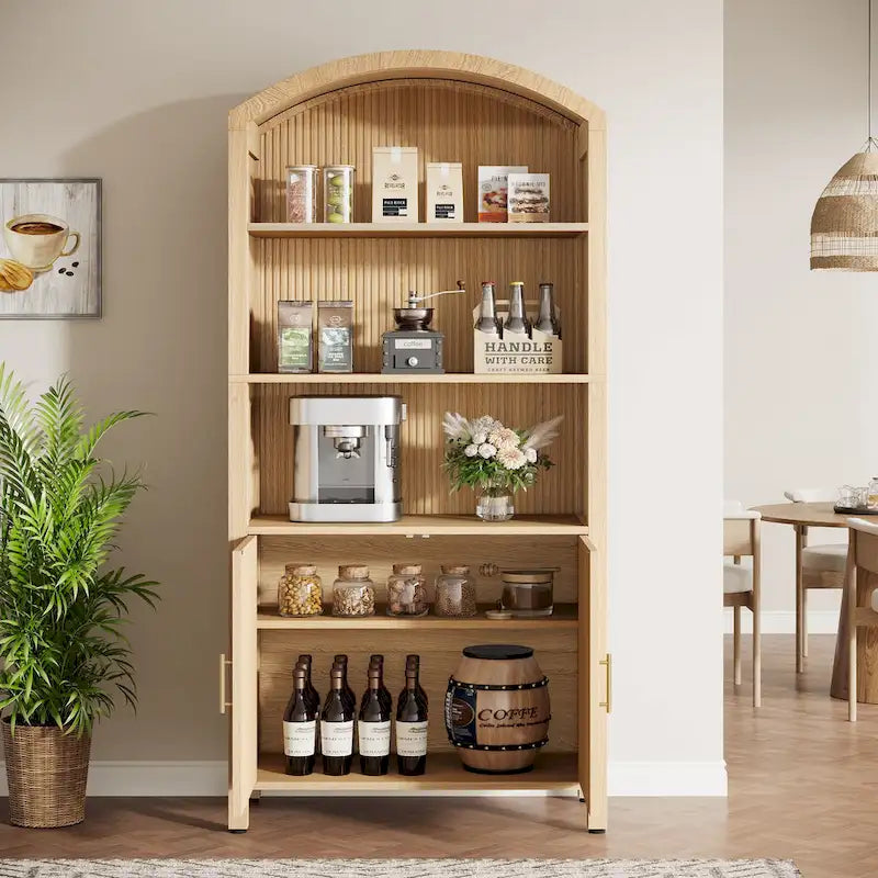 Meuble de rangement de cuisine à 5 étagères, en bois naturel, style voûté du milieu du siècle, avec portes, montage par 1 personne