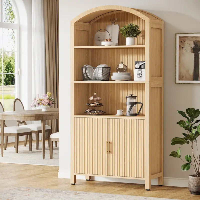 Meuble de rangement de cuisine à 5 étagères, en bois naturel, style voûté du milieu du siècle, avec portes, montage par 1 personne
