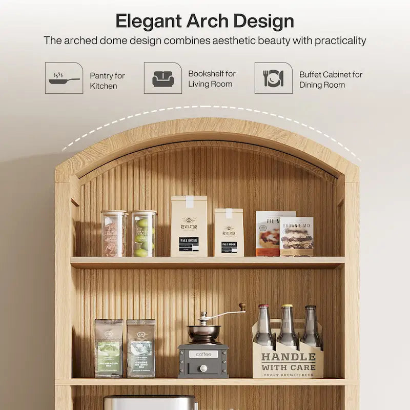 Meuble de rangement de cuisine à 5 étagères, en bois naturel, style voûté du milieu du siècle, avec portes, montage par 1 personne