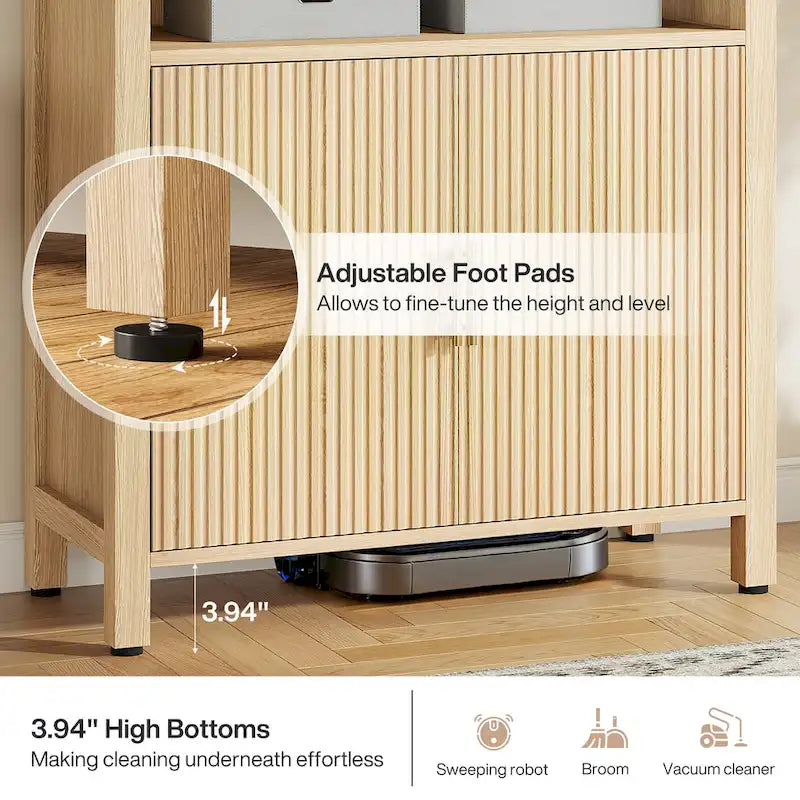 Meuble de rangement de cuisine à 5 étagères, en bois naturel, style voûté du milieu du siècle, avec portes, montage par 1 personne