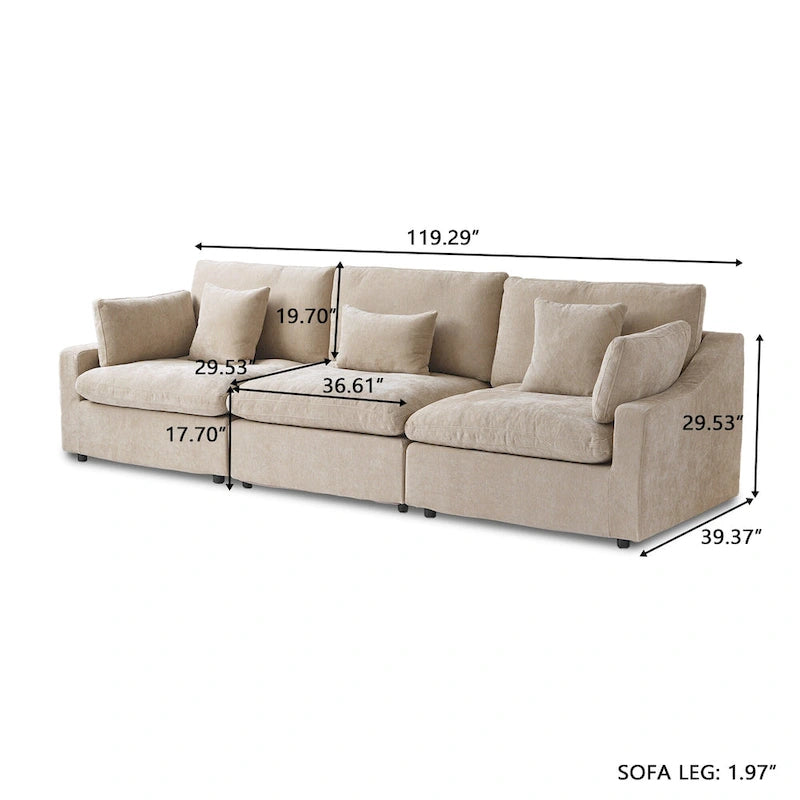 Canapé sectionnel modulaire en lin, 3 places, noir/gris/blanc/kaki