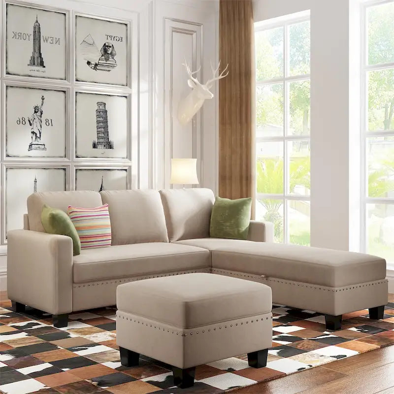 Canapé sectionnel d'angle gris avec pouf de rangement, 6 places