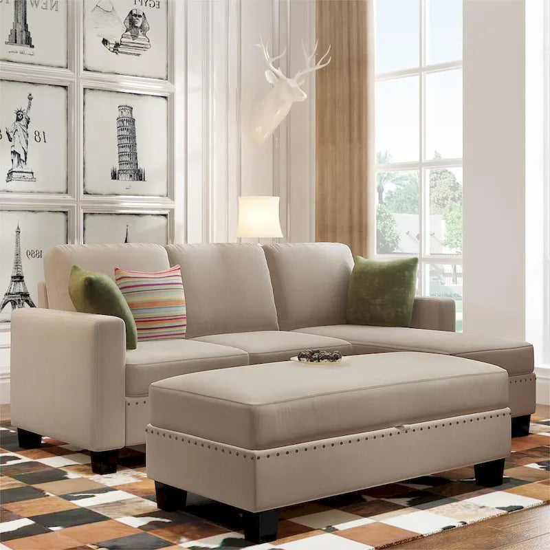 Canapé sectionnel d'angle gris avec pouf de rangement, 6 places