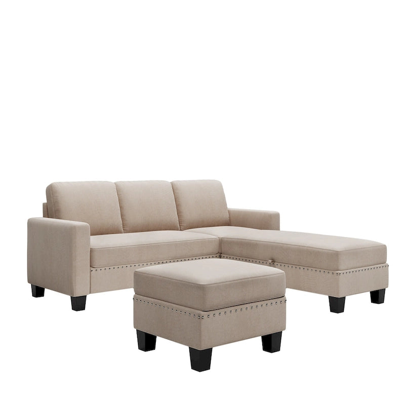 Canapé sectionnel d'angle gris avec pouf de rangement, 6 places