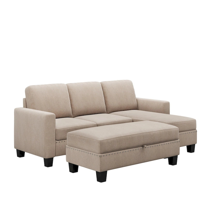 Canapé sectionnel d'angle gris avec pouf de rangement, 6 places