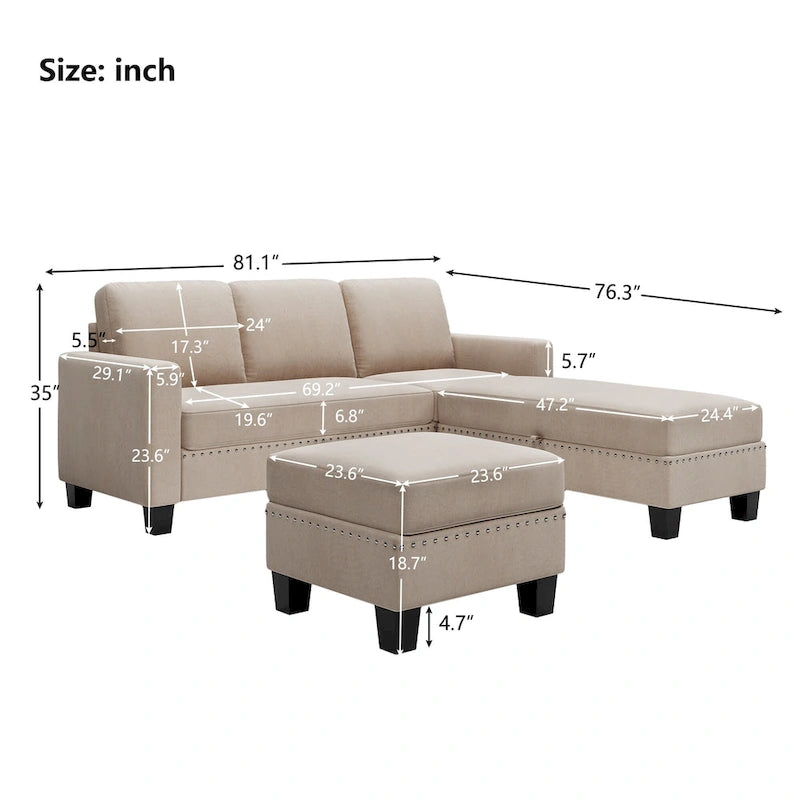 Canapé sectionnel d'angle gris avec pouf de rangement, 6 places
