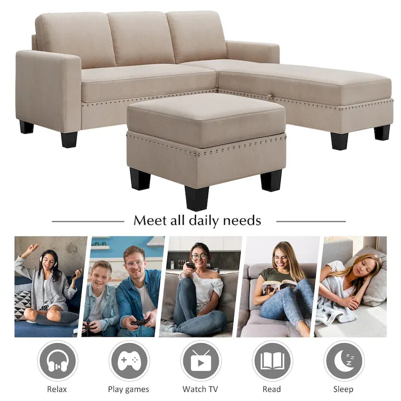 Canapé sectionnel d'angle gris avec pouf de rangement, 6 places