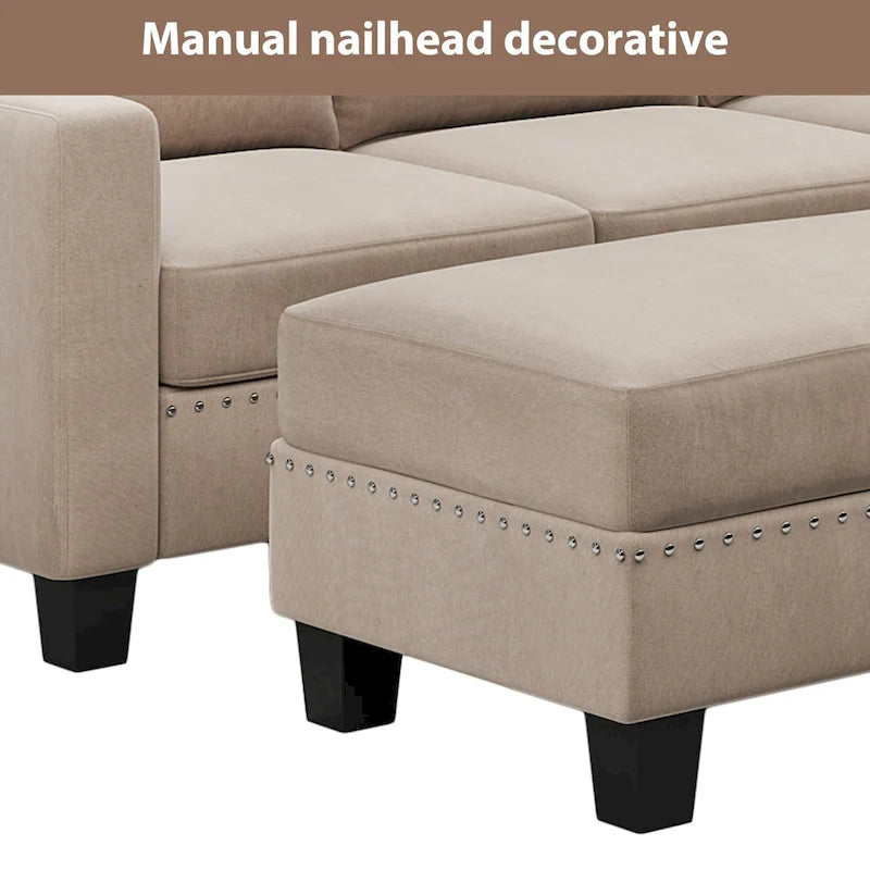 Canapé sectionnel d'angle gris avec pouf de rangement, 6 places