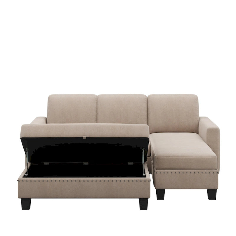 Canapé sectionnel d'angle gris avec pouf de rangement, 6 places