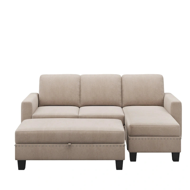 Canapé sectionnel d'angle gris avec pouf de rangement, 6 places