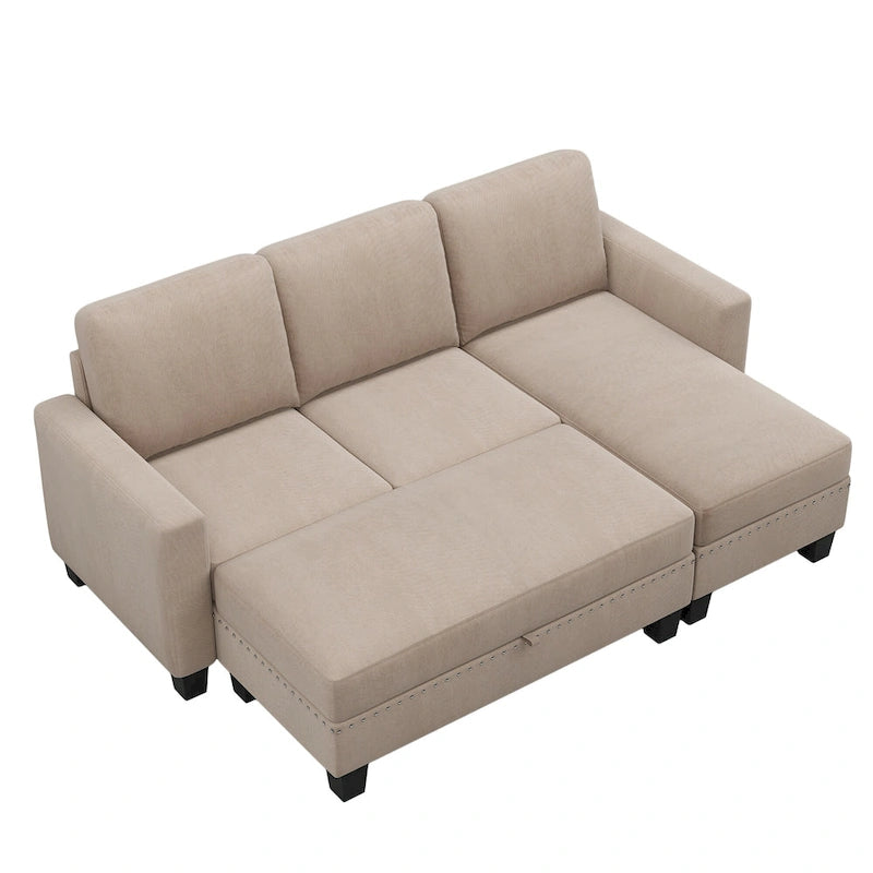 Canapé sectionnel d'angle gris avec pouf de rangement, 6 places