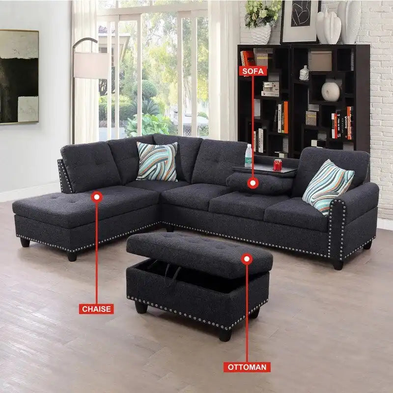 Ensemble canapé 3 pièces en lin noir et gris clouté - Rehaussez le style de votre salon