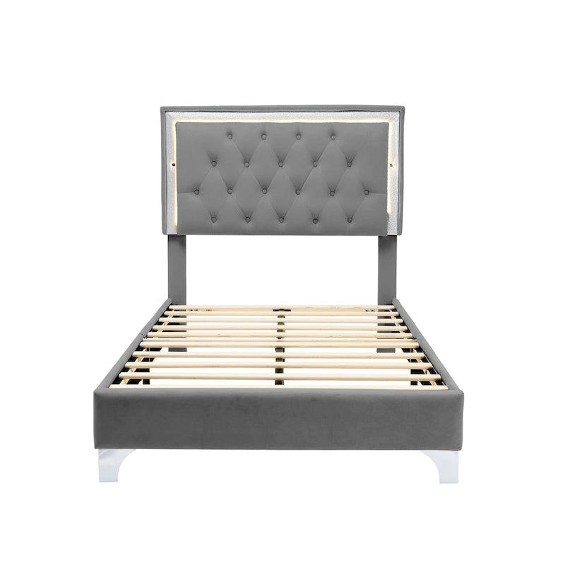 Lit double gris en velours avec lumières LED et tête de lit capitonnée