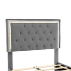 Lit double gris en velours avec lumières LED et tête de lit capitonnée