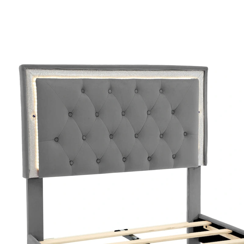 Lit double gris en velours avec lumières LED et tête de lit capitonnée