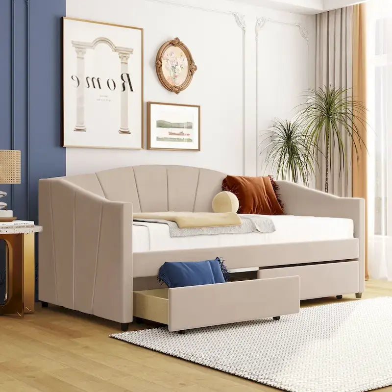 Lit de repos double en velours avec tiroirs de rangement – Beige / Bleu / Gris, assemblage par 2 personnes